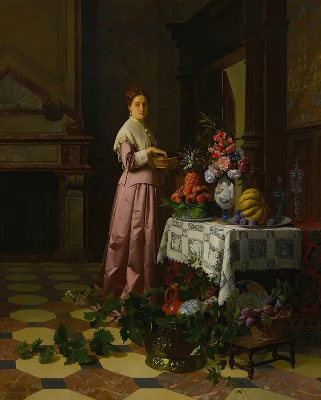 An Interior With Fruit And Flowers Wall Art by David Émile Joseph de Noter - High-Resolution Digital Print