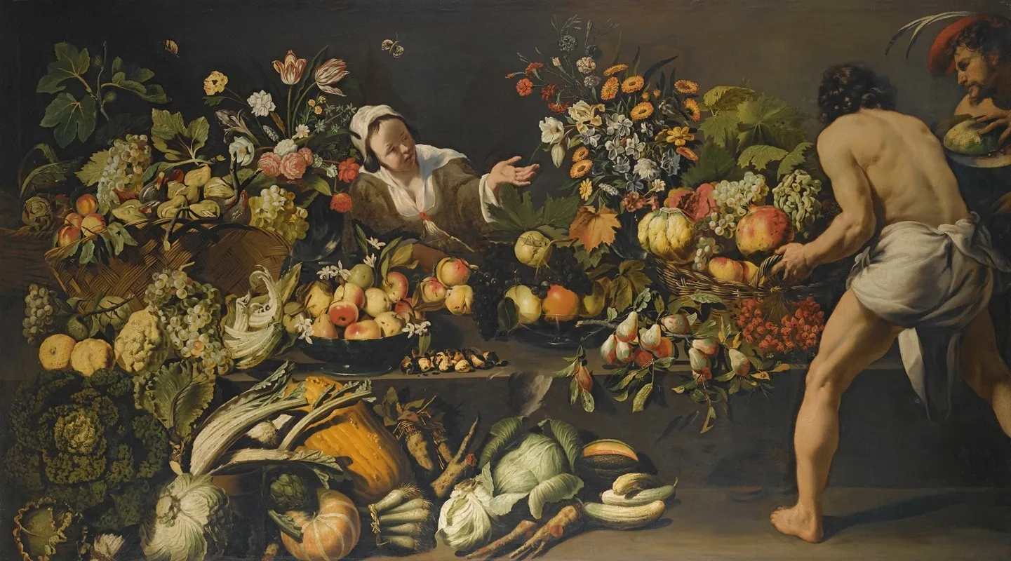 An Interior With Fruits Vegetables And Flowers Arranged Over A Table And The Floor With A Woman And Two Men Wall Art by Italo-Flemish School - High-Resolution Digital Print