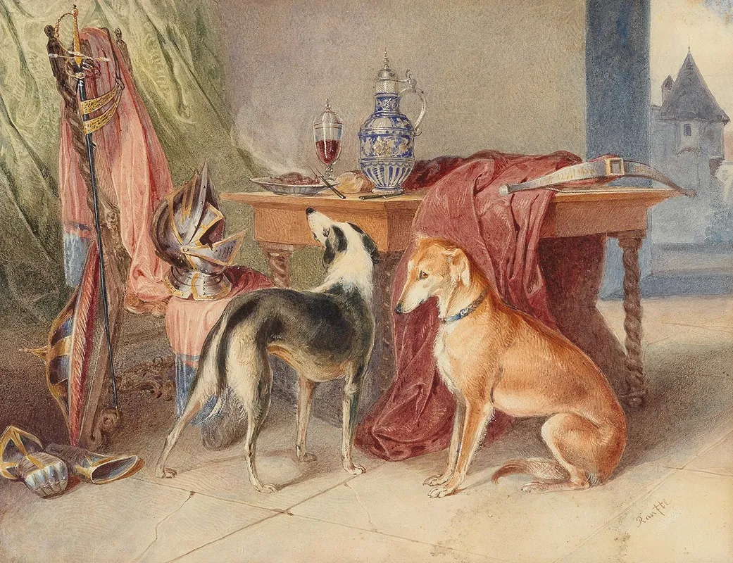 An Interior With Greyhounds And A Still Life With Pieces Of Armour Wall Art by Johann Matthias Ranftl - High-Resolution Digital Print