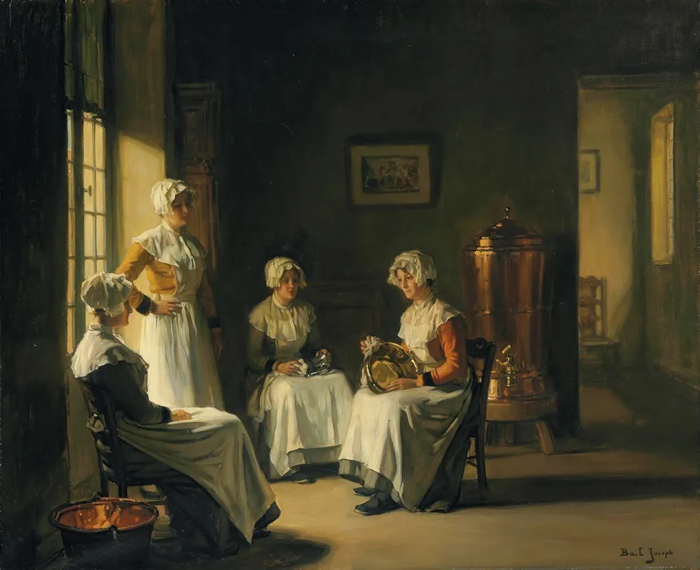 An Interior With Women Polishing Brass Wall Art by Joseph Bail - High-Resolution Digital Print