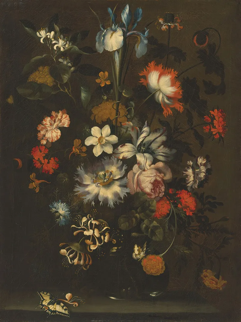 An Iris Carnations Roses And Other Flowers In A Glass Vase On A Ledge With Butterflies Wall Art by Jan Pieter Brueghel - High-Resolution Digital Print