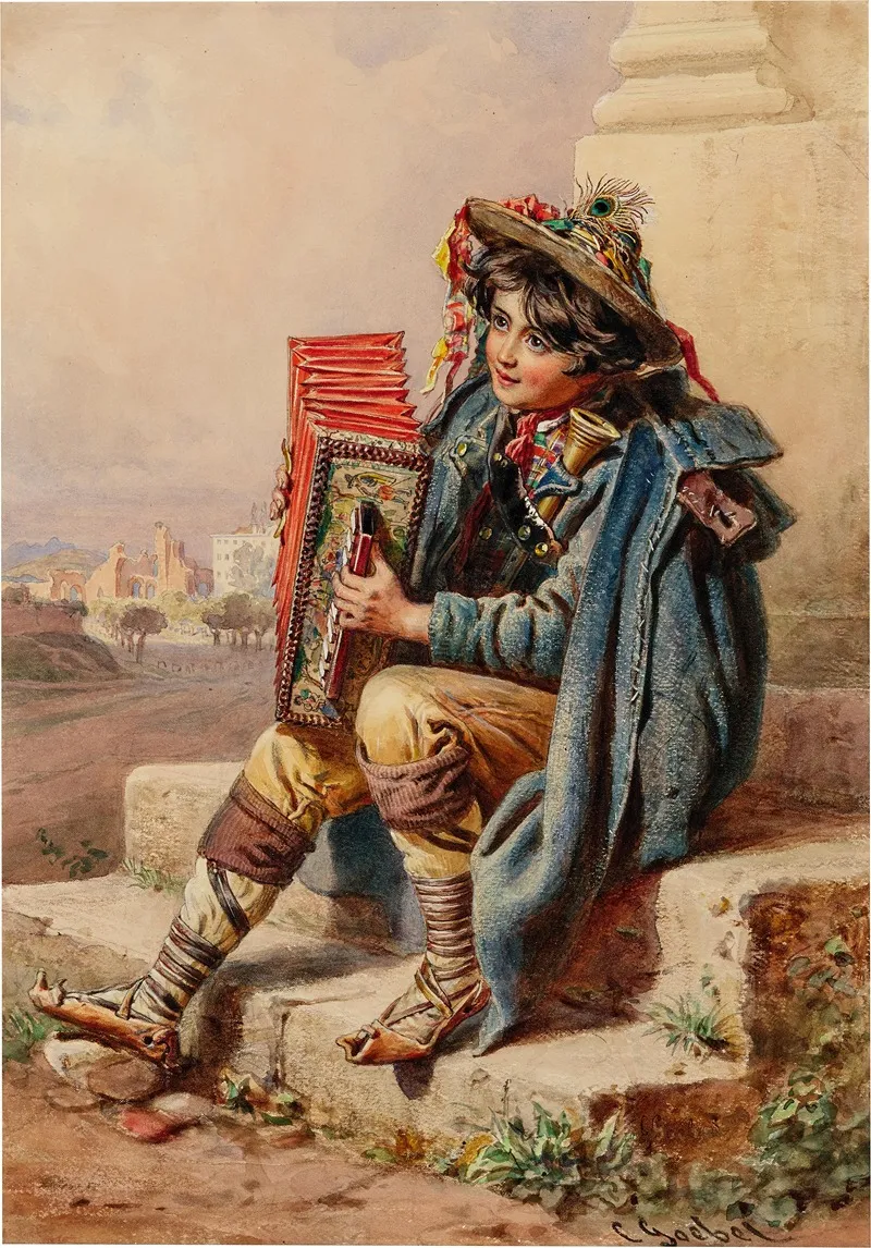 An Italian Boy With A Harmonica In An Italian Landscape With Ruins Wall Art by Carl Goebel - High-Resolution Digital Print