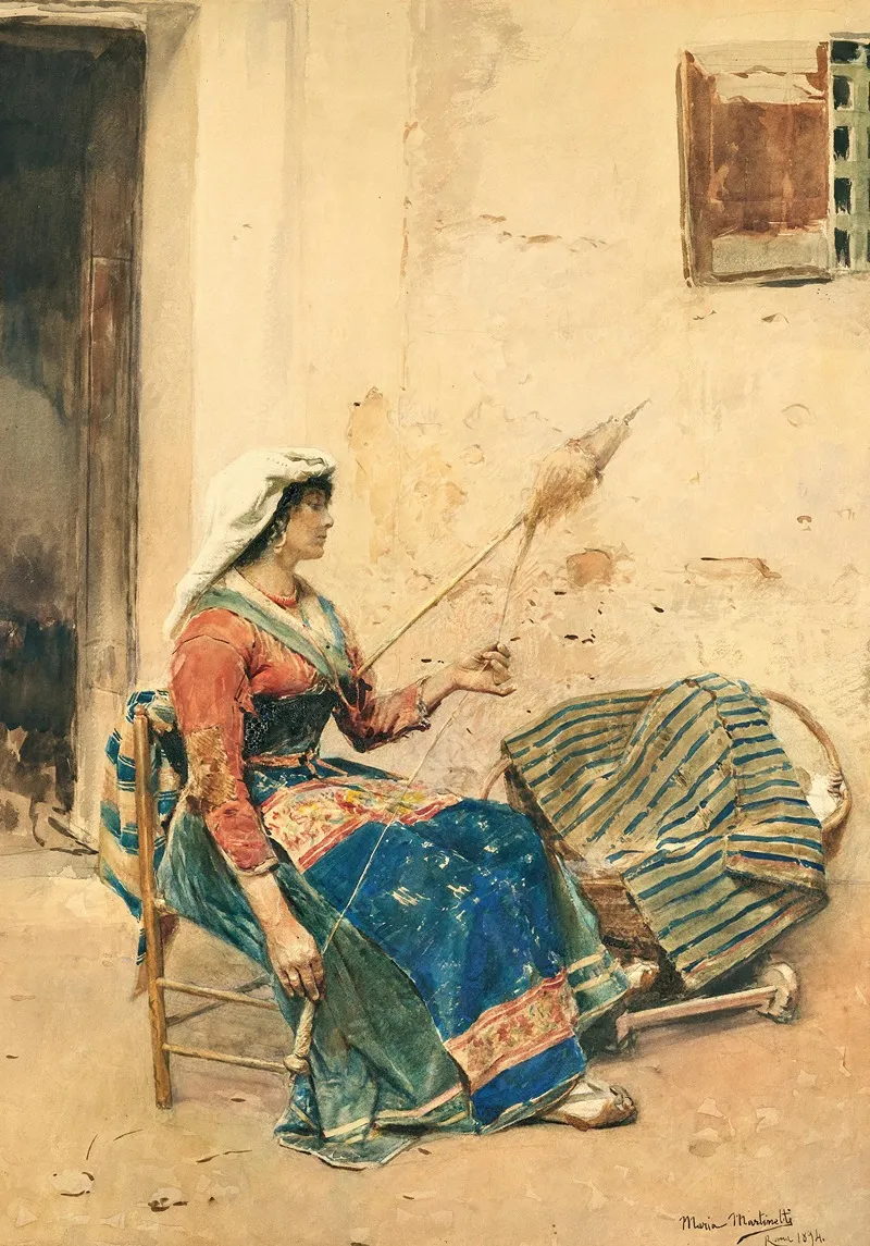 An Italian Female Flax Miller In A Traditional Costume Wall Art by Maria Martinetti - High-Resolution Digital Print