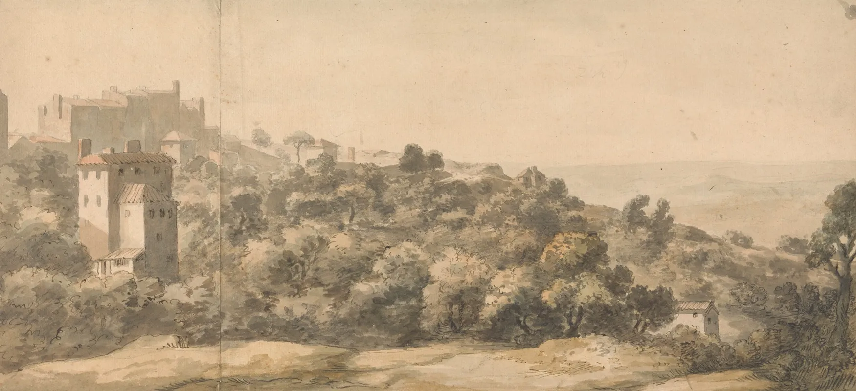 An Italian Landscape Village On A Hill Left Hillside Sloping Towards Right With Distant Valley Beyond Wall Art by William Taverner - High-Resolution Digital Print