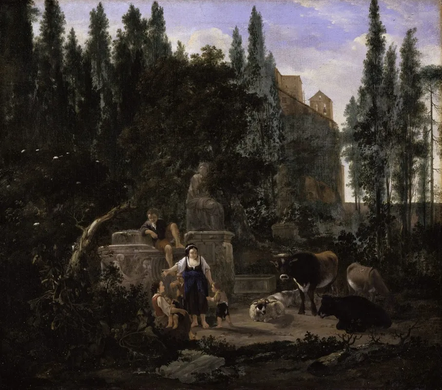 An Italian Landscape With Figures And Cattle