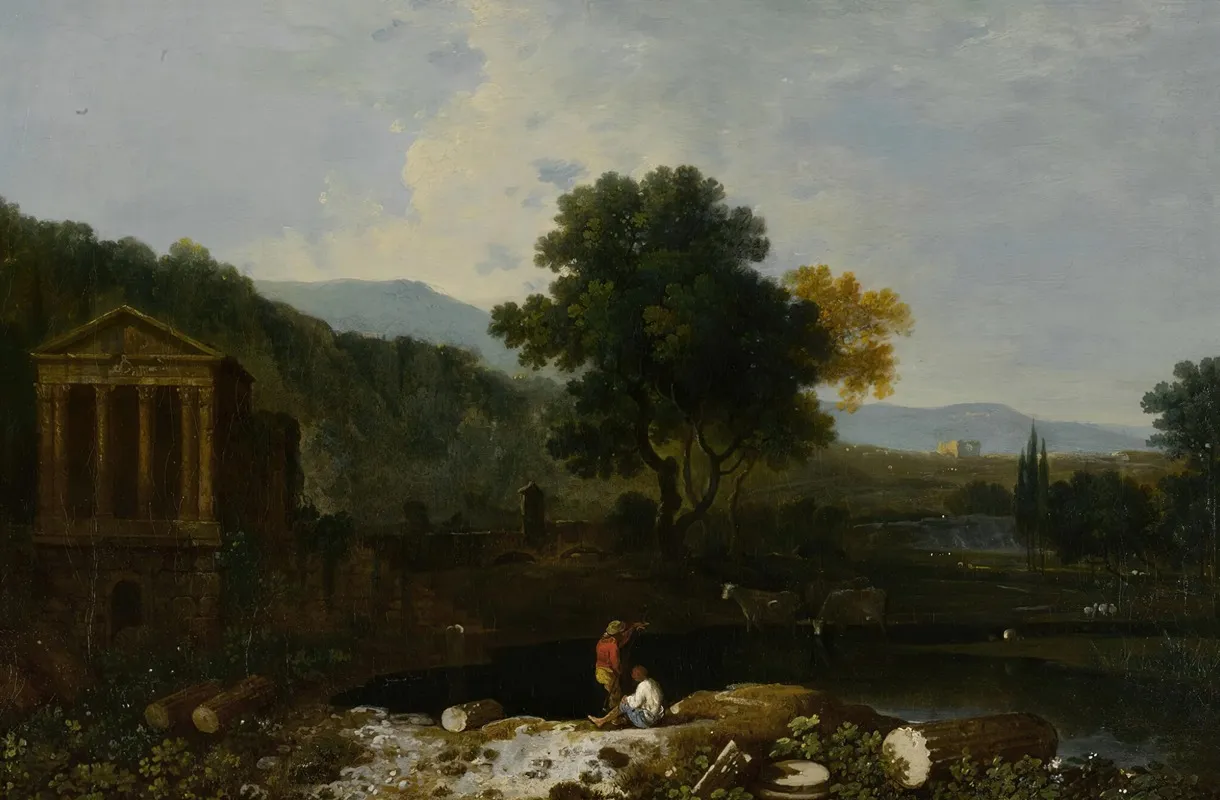 An Italian River Scene With The Temple Of Clitumnus And Ruins Two Figures And Cows
