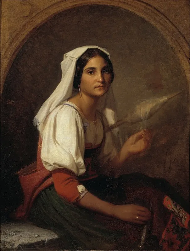 An Italian Woman Spinning Flax Wall Art by Uno Troili - High-Resolution Digital Print