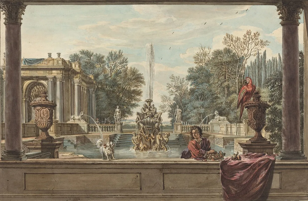 An Italianate Garden With A Parrota Poodleand A Man
