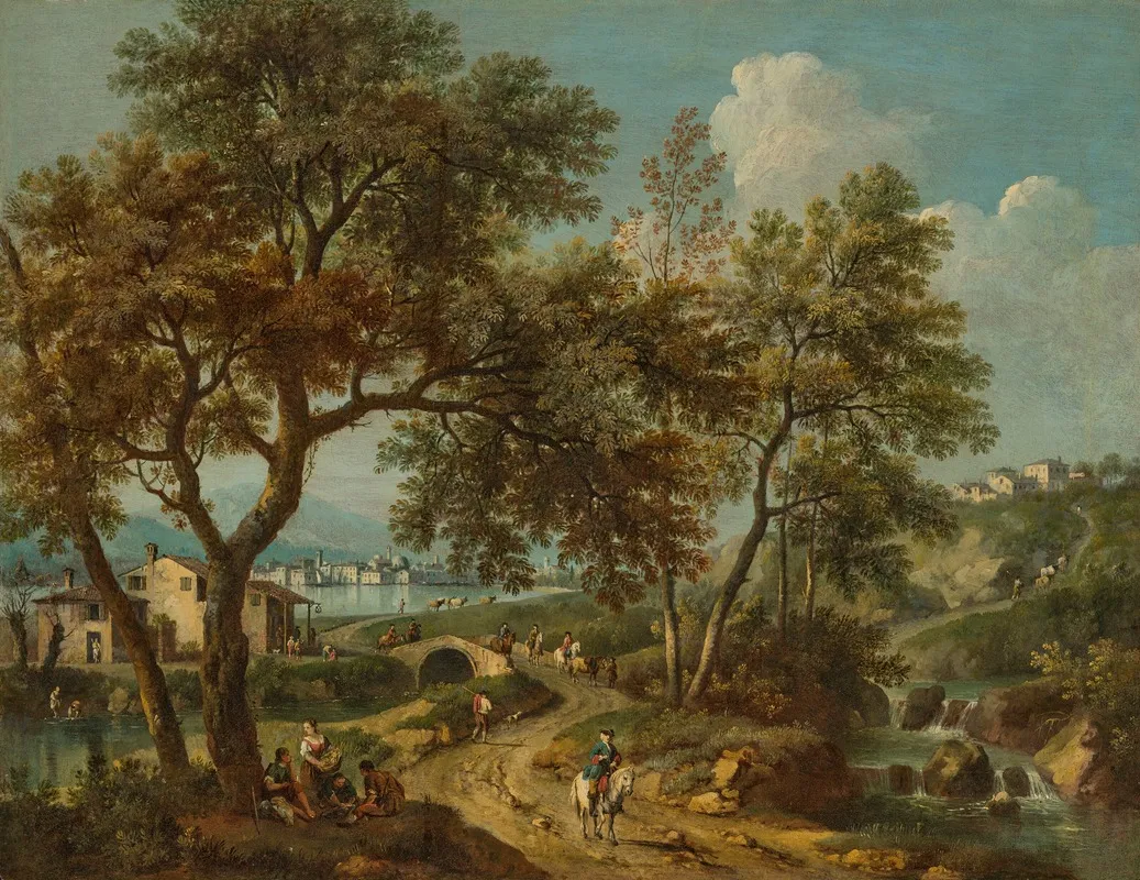An Italianate Landscape With A View Of Lake Garda And Salo In The Distance With Figures On A Bridge
