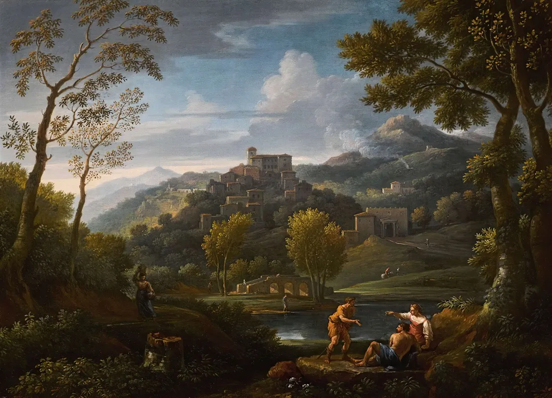 An Italianate Landscape With Figures In The Foreground A Hilltop Town Beyond
