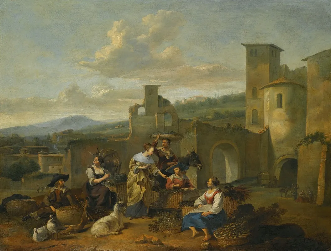 An Italianate Landscape With Vegetable Sellers