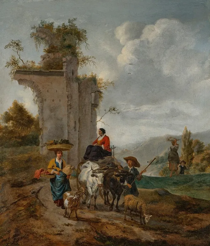 An Italianate Landscape With Villagers And An Ox Cart