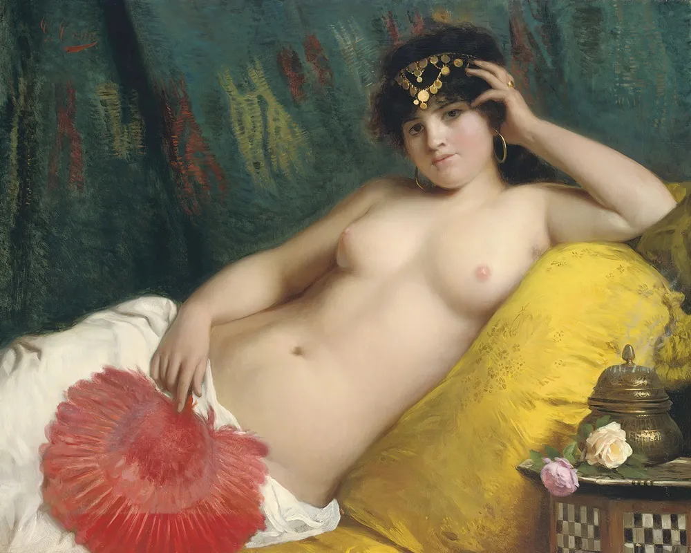 An Odalisque With A Red Fan Wall Art by Giovanni Costa - High-Resolution Digital Print