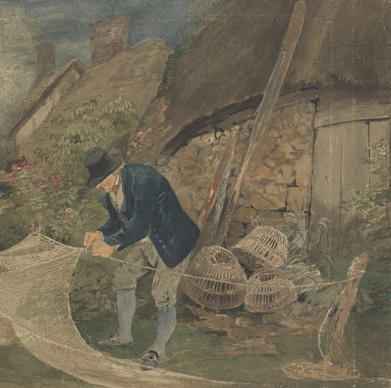 An Old Fisherman Repairing Nets With A Cottage In The Background