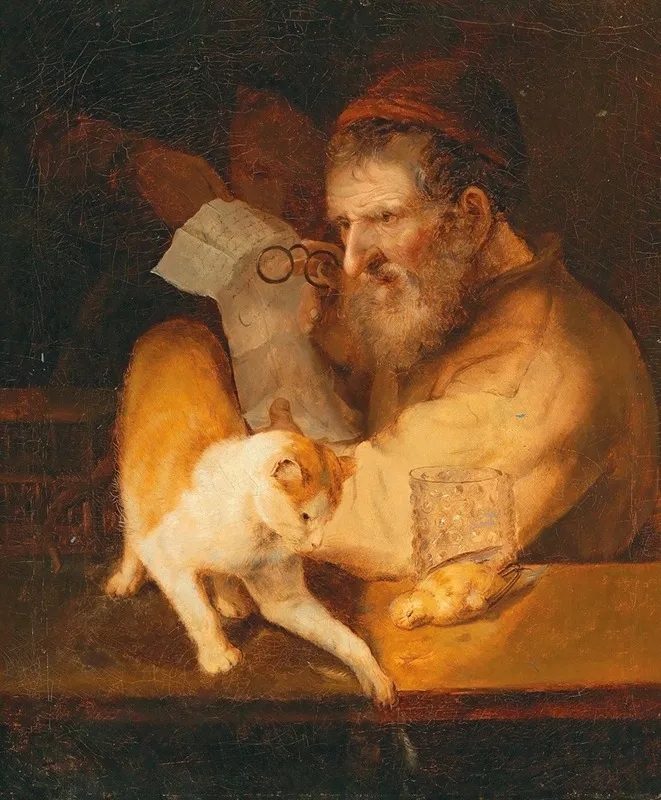 An Old Man Holding A Letter With A Cat On A Ledge Wall Art by Christoph Paudiss - High-Resolution Digital Print