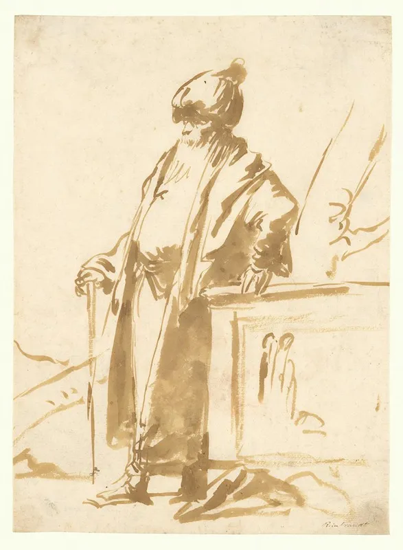 An Old Man In Oriental Dress Standing By A Pagan Altar Wall Art by Giovanni Domenico Tiepolo - High-Resolution Digital Print