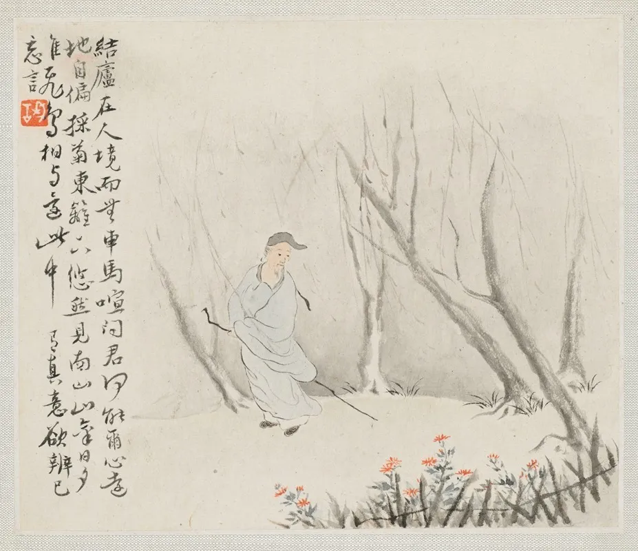 An Old Man With A Staff Walks A Wooded Path Wall Art by Hua Yan - High-Resolution Digital Print