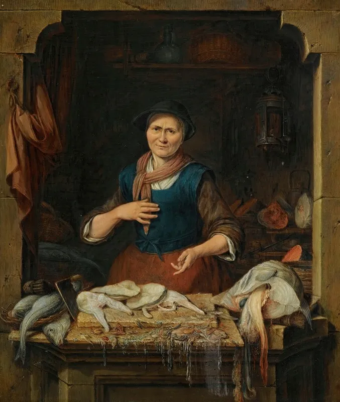 An Old Woman At A Window Selling Fish Wall Art by Gerrit Zegelaar - High-Resolution Digital Print