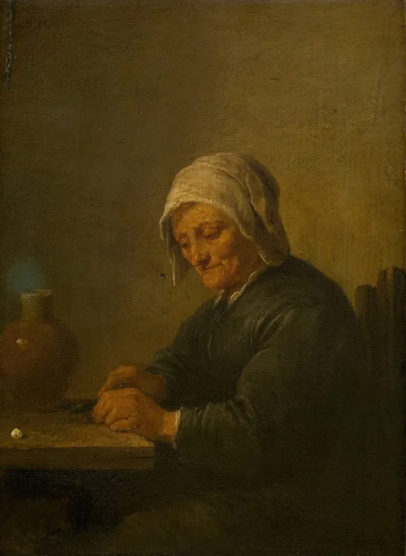 An Old Woman Cutting Tobacco