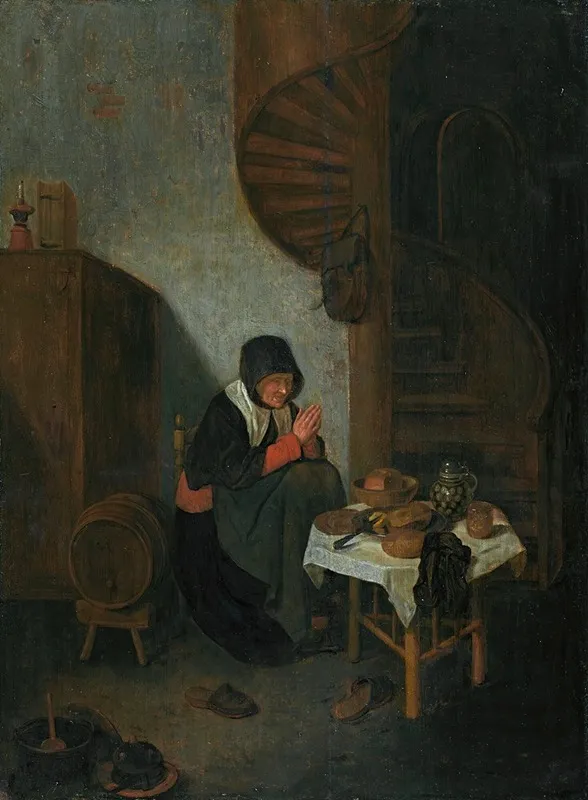 An Old Woman In An Interior Saying Grace Before A Meal Wall Art by Quirijn Van Brekelenkam - High-Resolution Digital Print