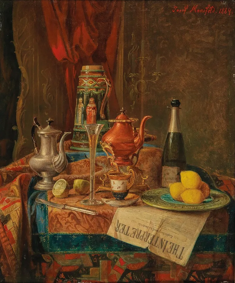 An Opulent Still Life With A Champagne Glass And A Majolica Ewer Wall Art by Josef Mansfeld - High-Resolution Digital Print