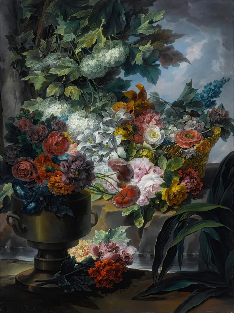 An Outdoor Scene With A Fountain An Urn And A Basket Of Roses Peonies Poppies Hydrangeas And Other Flowers Wall Art by Miguel Parra Abril - High-Resolution Digital Print