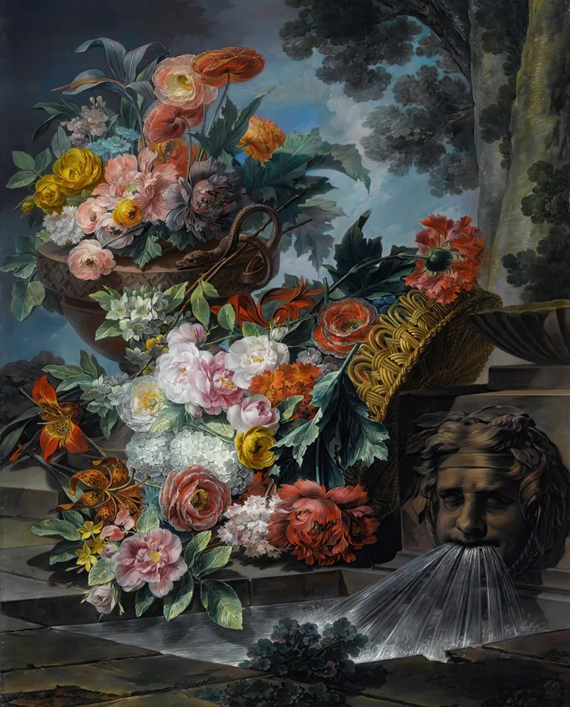 An Outdoor Scene With A Pool Of Water A Basket And An Urn Filled With Carnations Roses Peonies Lilies Hydrangeas And Other Flowers Wall Art by Miguel Parra Abril - High-Resolution Digital Print