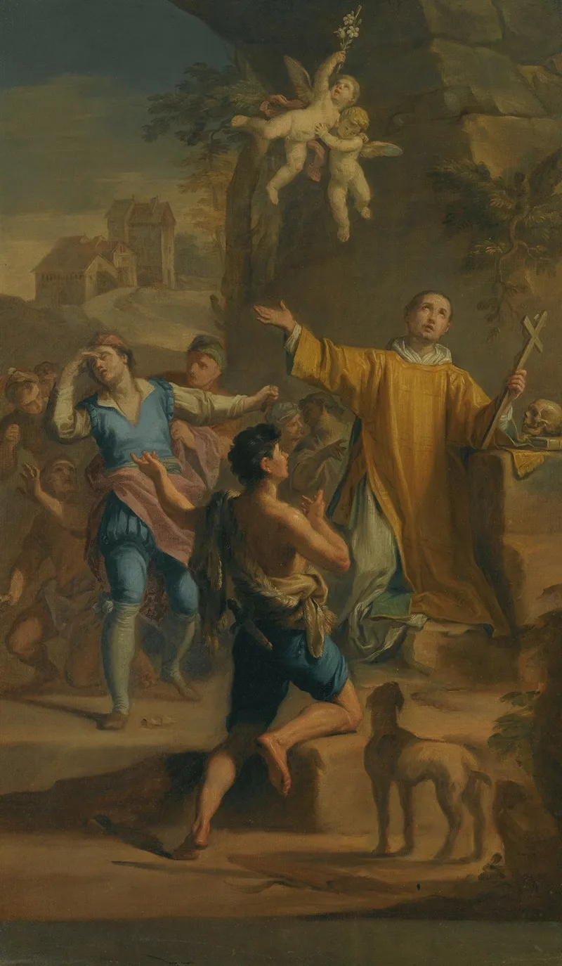 An Outdoor Scene With A Saint In Ecstatic Rapture Surrounded By Devotees Wall Art by Jacopo Alessandro Calvi - High-Resolution Digital Print
