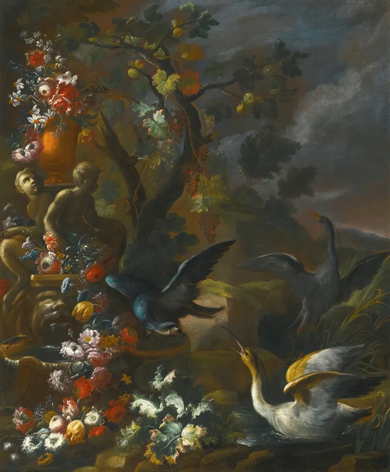 An Outdoor Still Life With Birds Beside An Ornate Sculpted Fountain Wall Art by Nicola Casissa - High-Resolution Digital Print