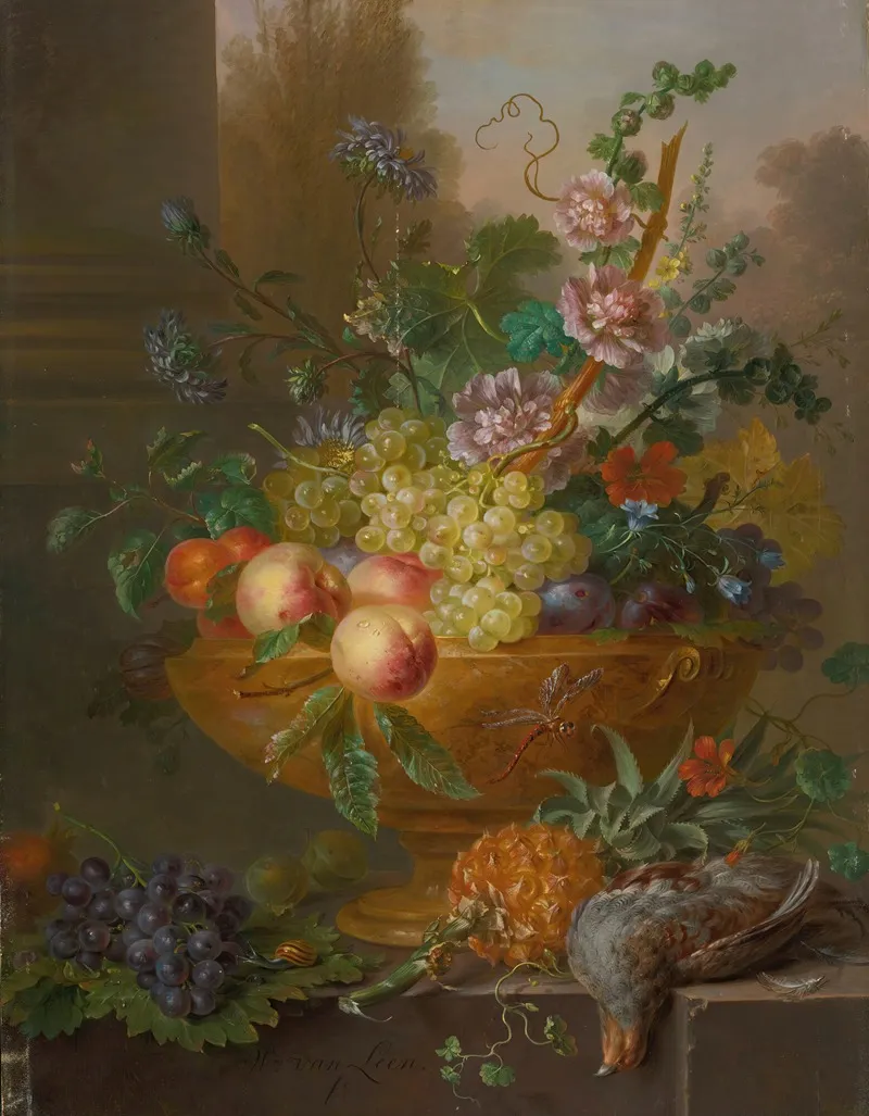 An Urn Filled With Flowers Grapes Peaches Plums And Apricots A Pineapple And A Pigeon In The Foreground