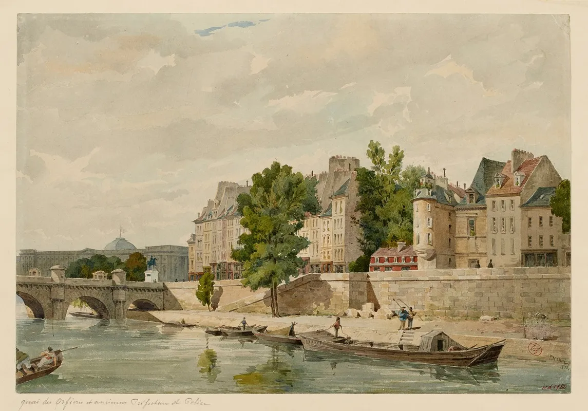 Ancienne Prefecture De Police Quai Des Orfevres Et Pont Neuf En 1850 Wall Art by Louis-Martial-Théodat Masson - High-Resolution Digital Print