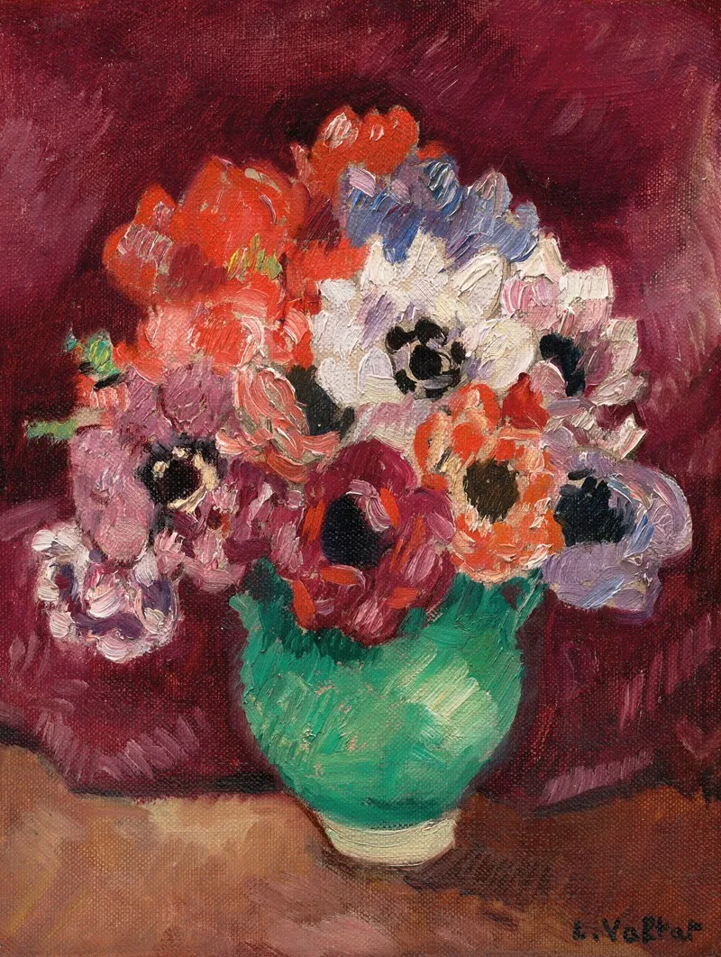 Anemones Au Pichet Vert Sur Fond Bordeaux Wall Art by Louis Valtat - High-Resolution Digital Print