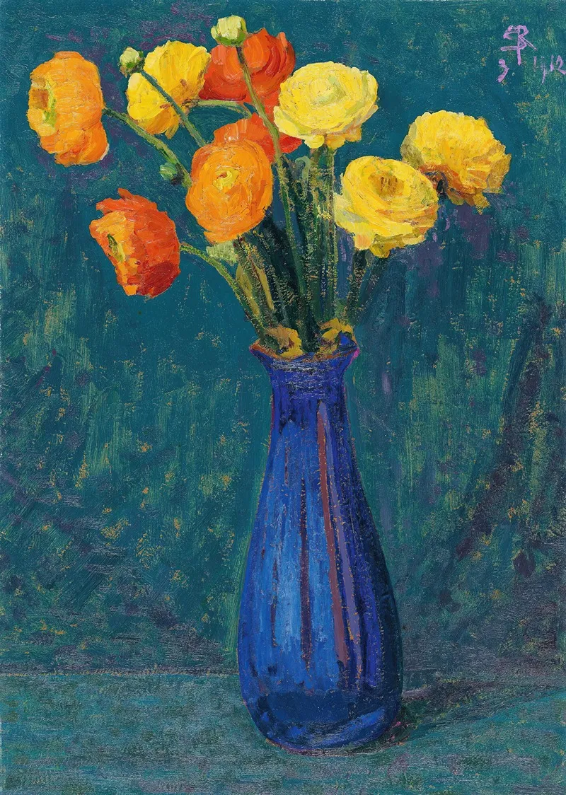 Anemones In Blue Vase Wall Art by Sigismund Righini - High-Resolution Digital Print
