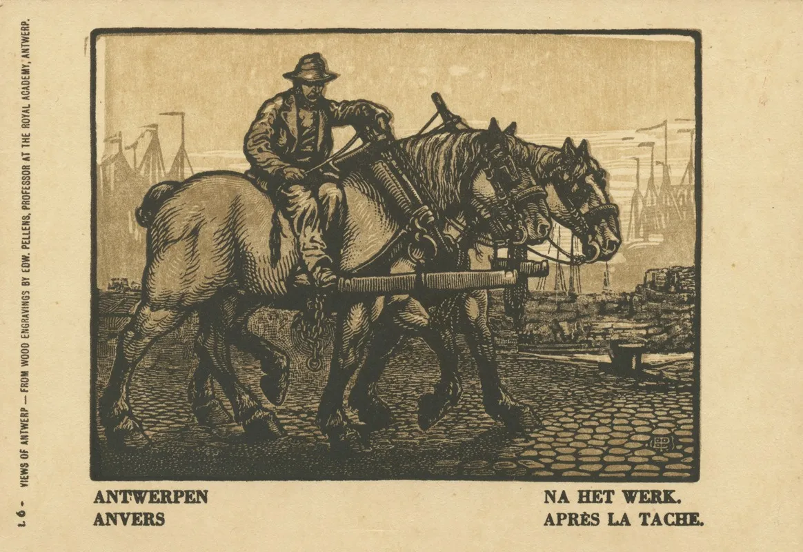 Ansichtkaart Met Een Voorstelling Van Een Havenarbeider Met Twee Paarden Te Antwerpen