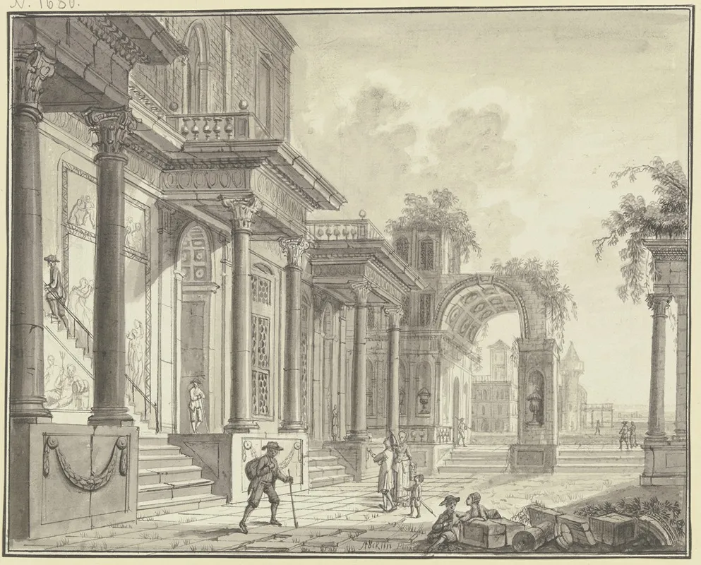 Antiker Palast Mit Arkade Und Durchblick Auf Architektur Und Landschaft Im Vordergrund Staffagefiguren Wall Art by Christian Stöcklin - High-Resolution Digital Print