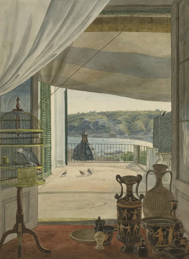 Antiquities By A Balcony Overlooking The Gulf Of Naples Wall Art by Carl Wilhelm Götzloff - High-Resolution Digital Print