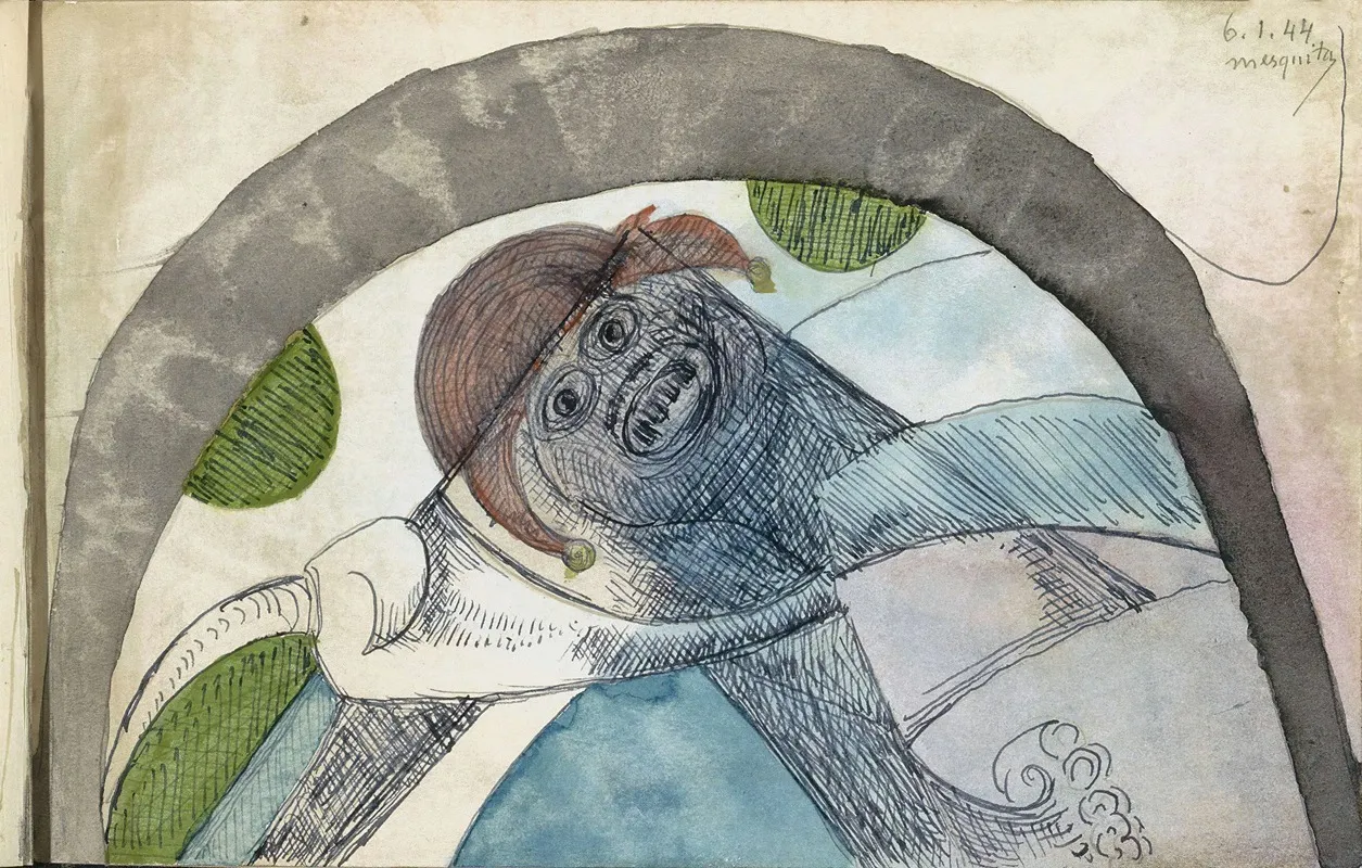 Antropomorf Figuur Met Een Harlekijnsmuts Onder Een Boog