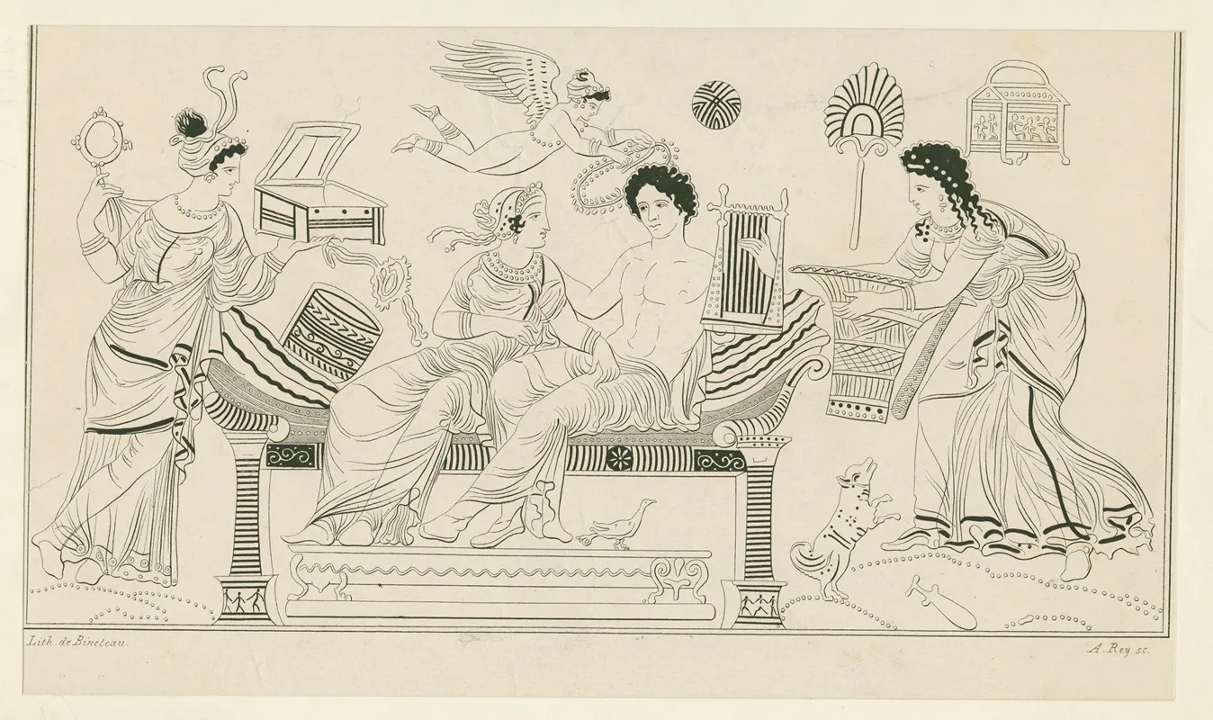 Apollo And Aphrodite On Cushioned Couch Flanked By Female Attendants With Basket Mirror Box And Magic Wheel Wall Art by A. Rey - High-Resolution Digital Print