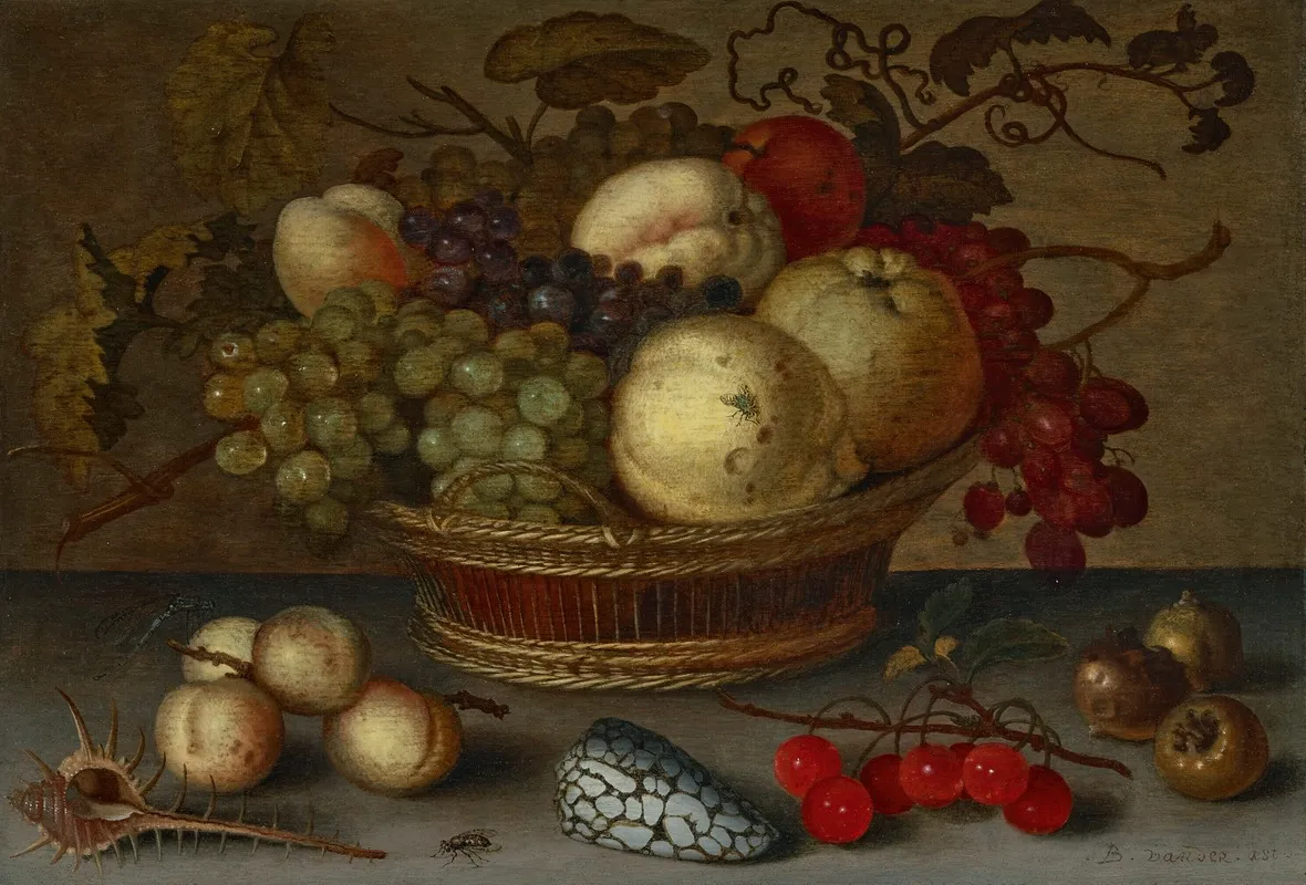 Apples And Grapes In A Basket With Fruit And Shells On A Stone Ledge Wall Art by Balthasar van der Ast - High-Resolution Digital Print