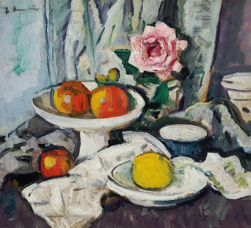 Apples In A White Fruitbowl And A Pink Rose In A Vase Wall Art by George Leslie Hunter - High-Resolution Digital Print