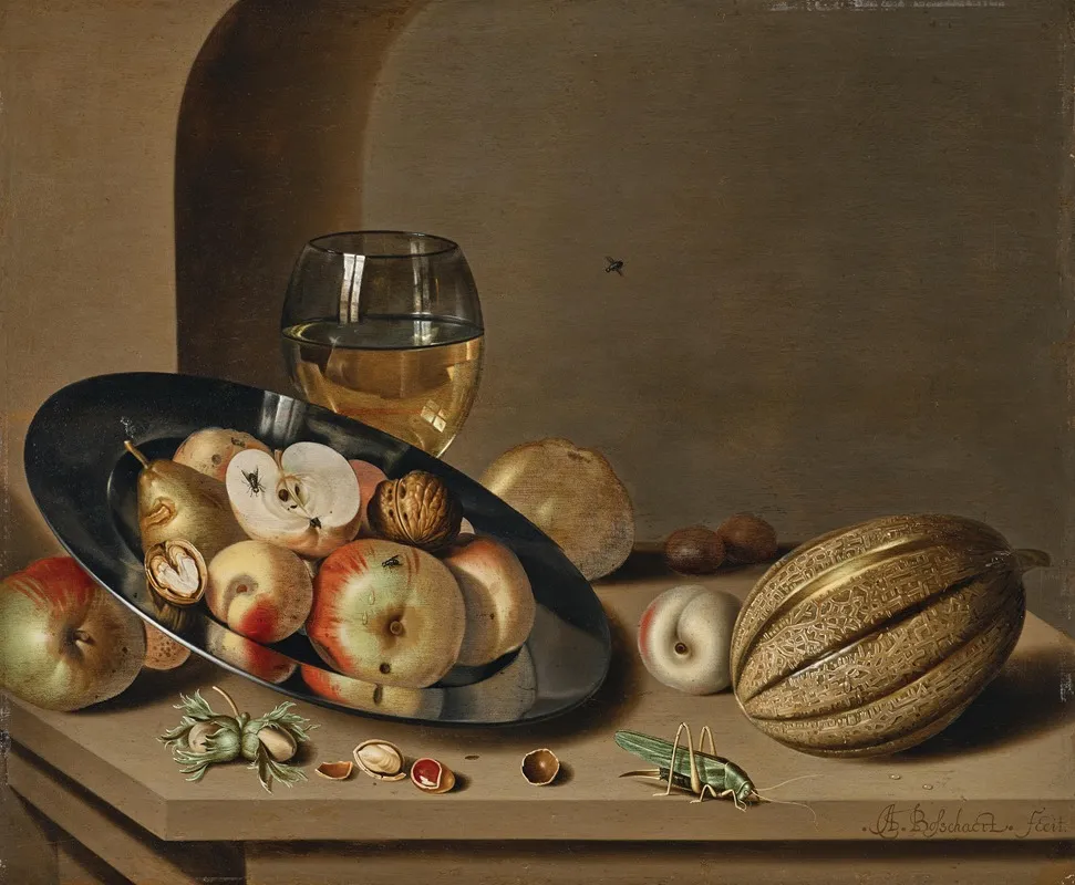 Apples Pears Peaches And Walnuts On A Pewter Plate With Fruit A Roemer A Melon Chestnuts And A Grasshopper On A Stone Ledge In A Niche Wall Art by Ambrosius Bosschaert II - High-Resolution Digital Print