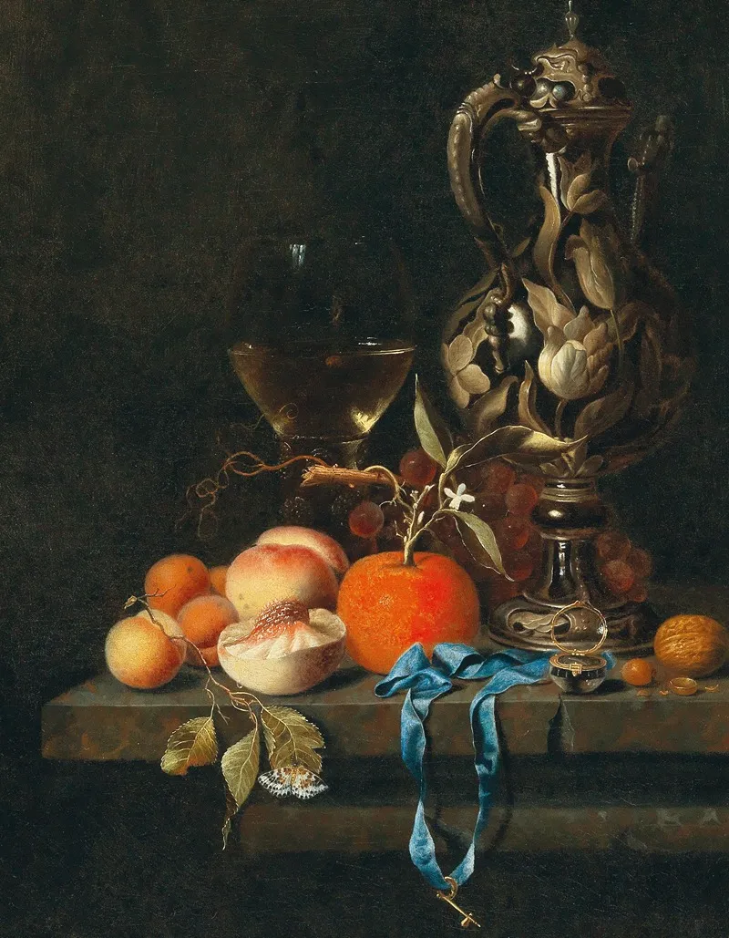 Apricots Peaches And Other Fruit With Glass And A Jug Wall Art by Johannes Borman - High-Resolution Digital Print