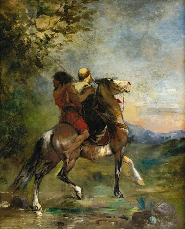 Arab A Cheval Portant En Croupe Un Fou