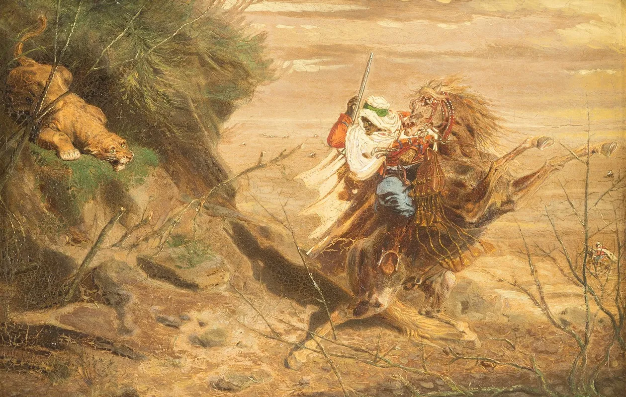 Arab Fighting An Attacking Lion Wall Art by Otto Clemens Fikentscher - High-Resolution Digital Print