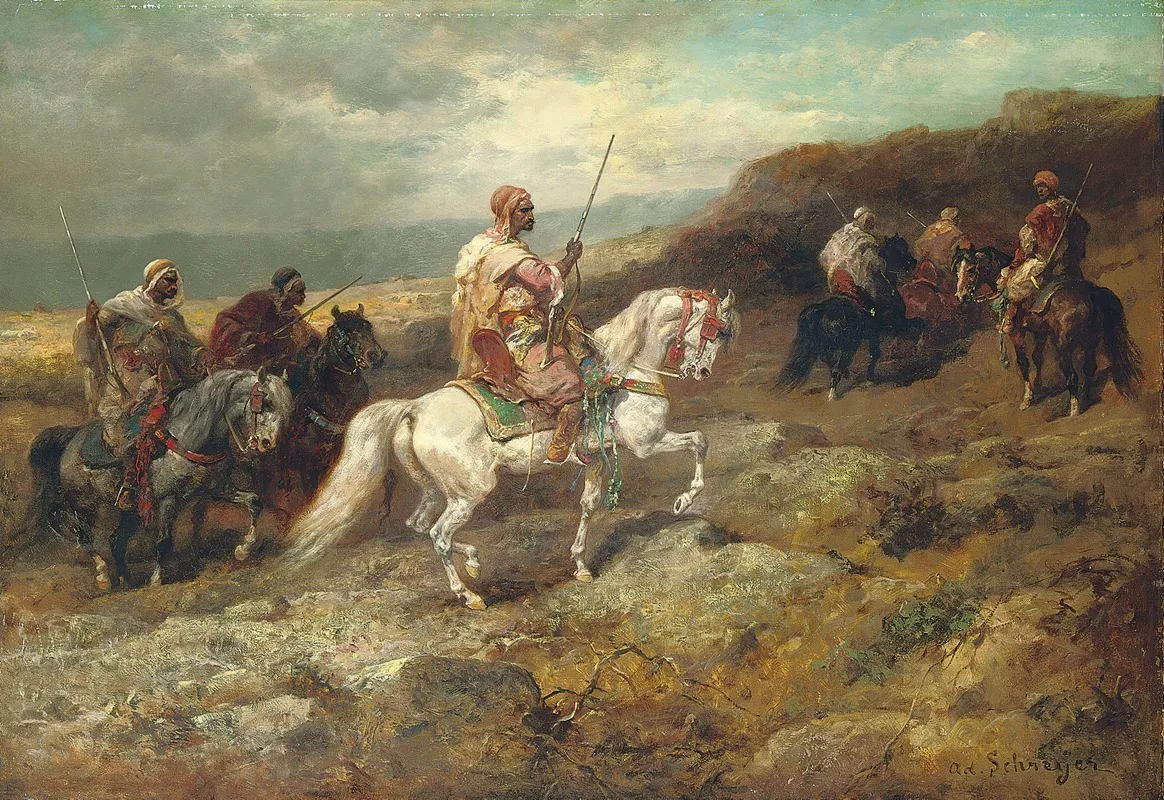 Arab Warriors On A Rocky Hillside Wall Art by Adolf Schreyer - High-Resolution Digital Print