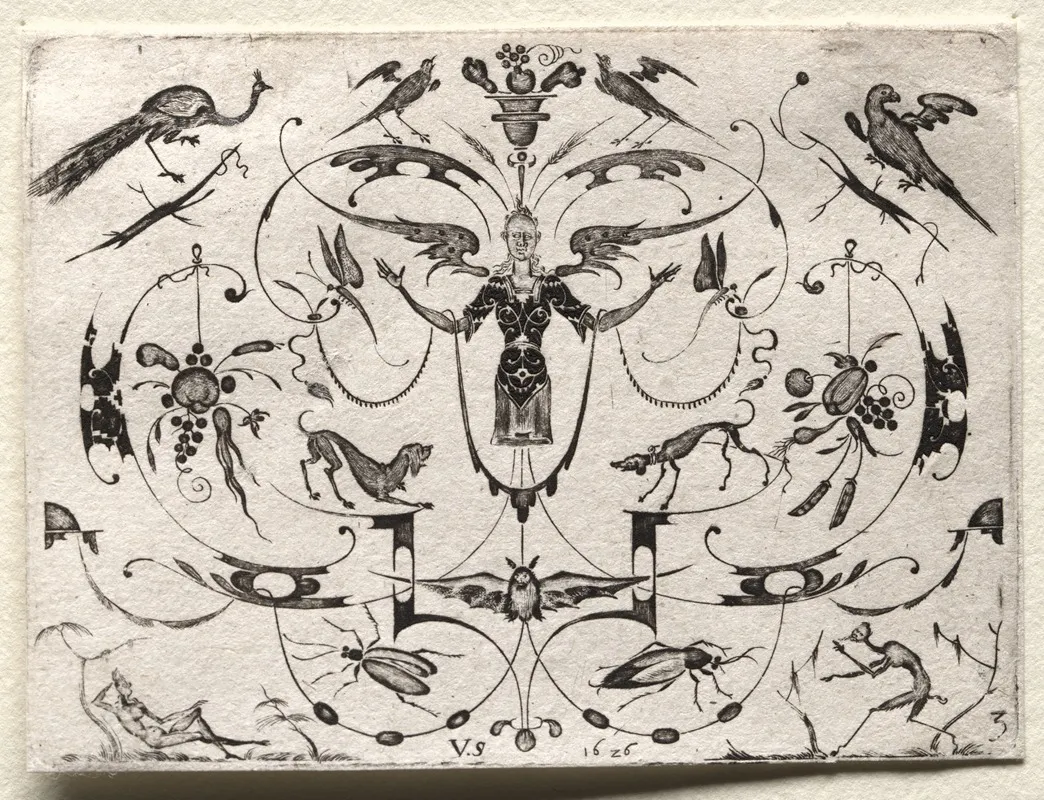 Arabesque With Peacock Parakeet Dogs And Insects Wall Art by Valentin Sezenius - High-Resolution Digital Print