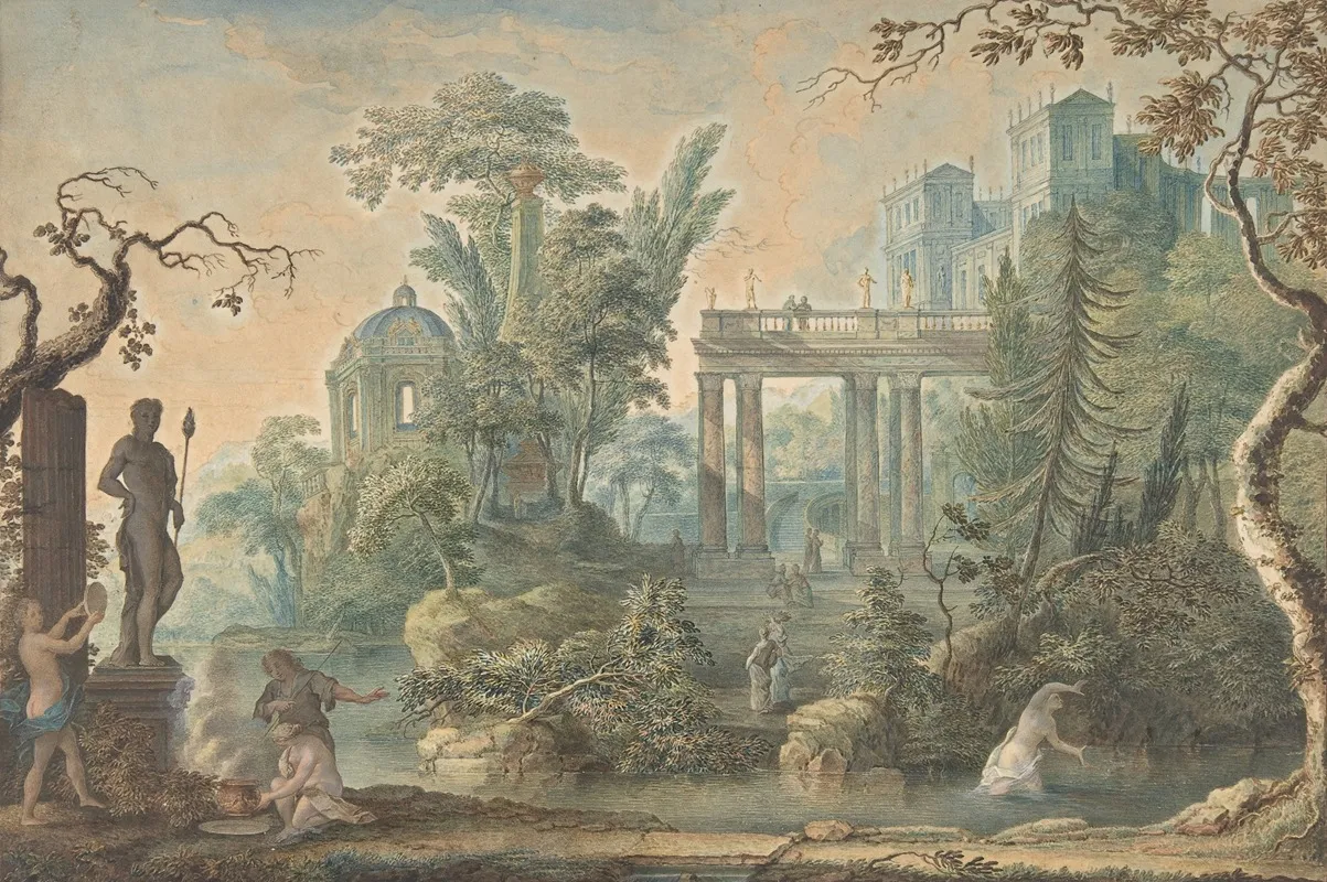 Arcadian Landscape With Several Figures And A Statue Of Apollo Wall Art by Gerard Melder - High-Resolution Digital Print