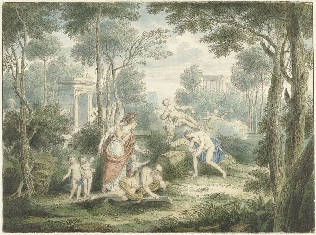 Arcadisch Landschap Met Athene Die Een Oude Man Kroont En Venus En Adonis Wall Art by Louis Fabritius Dubourg - High-Resolution Digital Print
