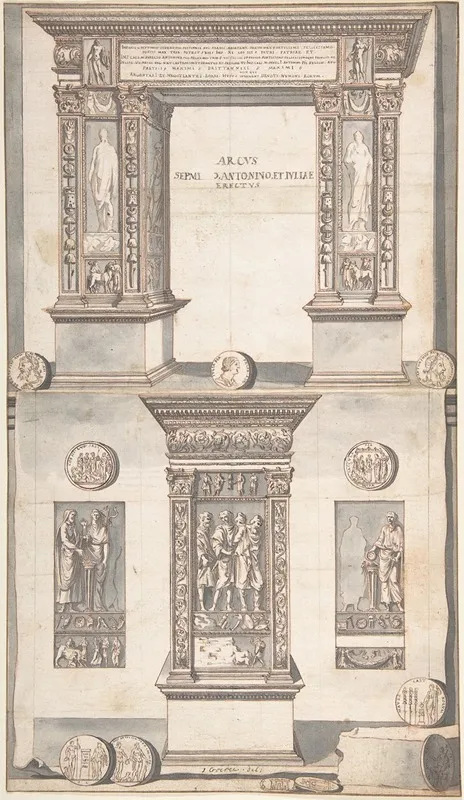 Arch Of Septimius Severus Frontal Elevation Above And Side View Below Wall Art by Jan Goeree - High-Resolution Digital Print