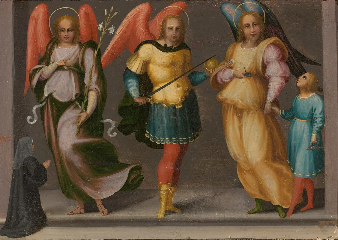 Archangels Gabriel Michael And Raphael With Tobias And A Female Donor Wall Art by Master of Serumido - High-Resolution Digital Print